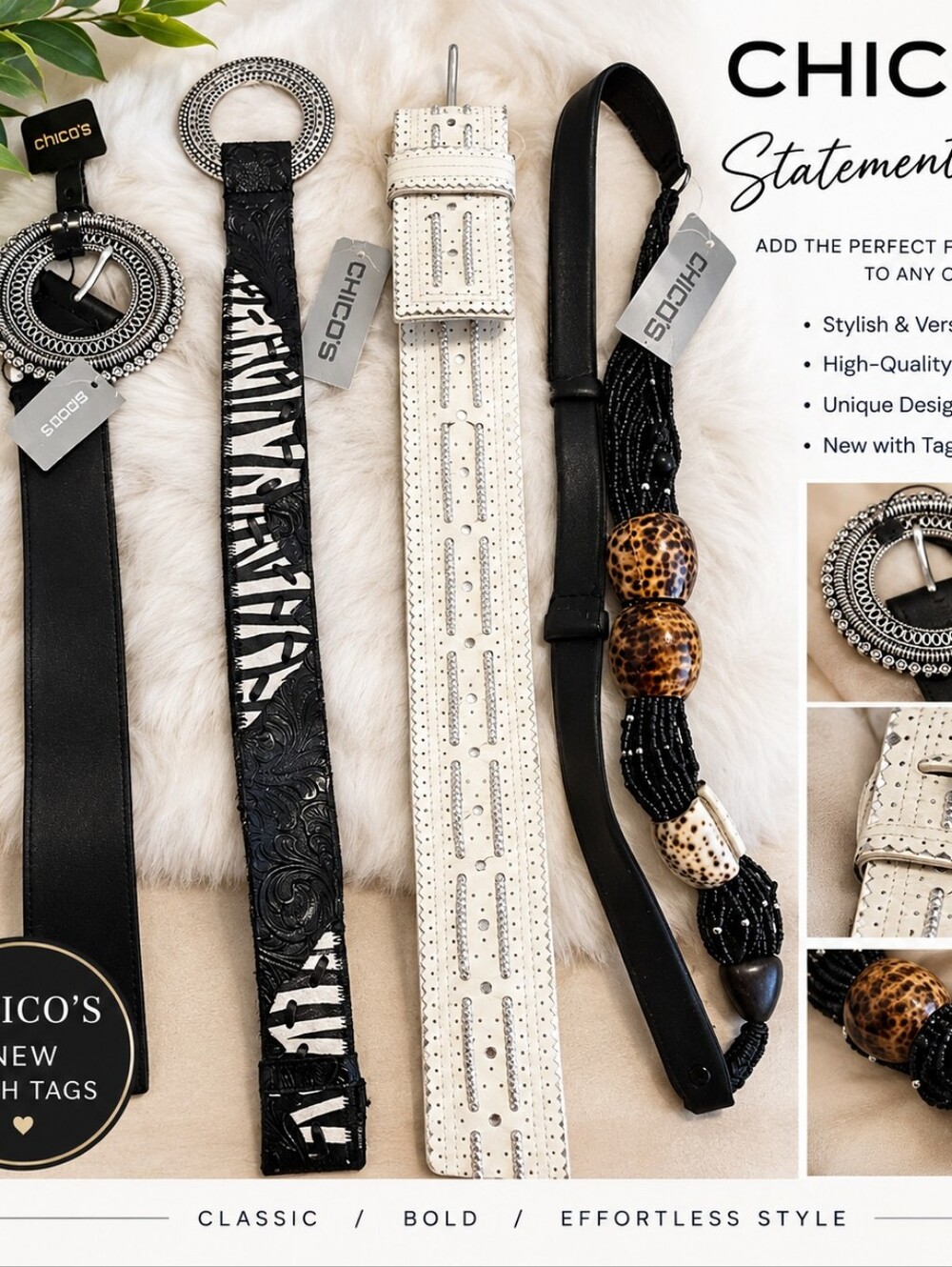 4 Chico's Mixed-Style Women's Belt Set in Black, White and Natural Tones